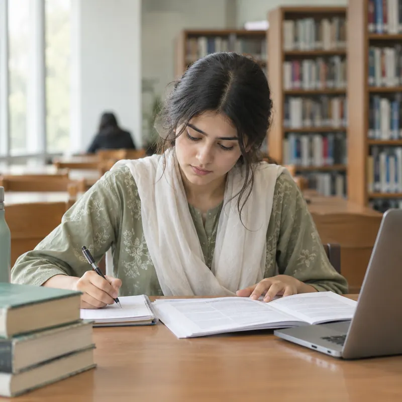 A student taking notes from a research paper in a library