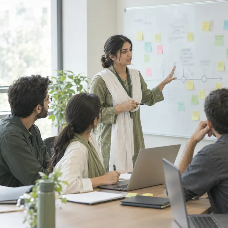 A project coordinator leading a team meeting at a whiteboard