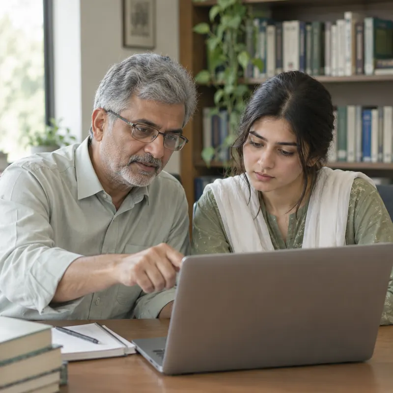 A professor guiding a student through work on a laptop