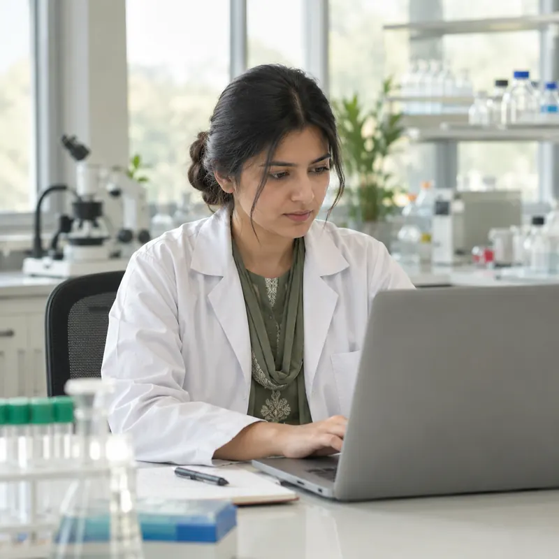 A researcher in a lab coat working on a laptop