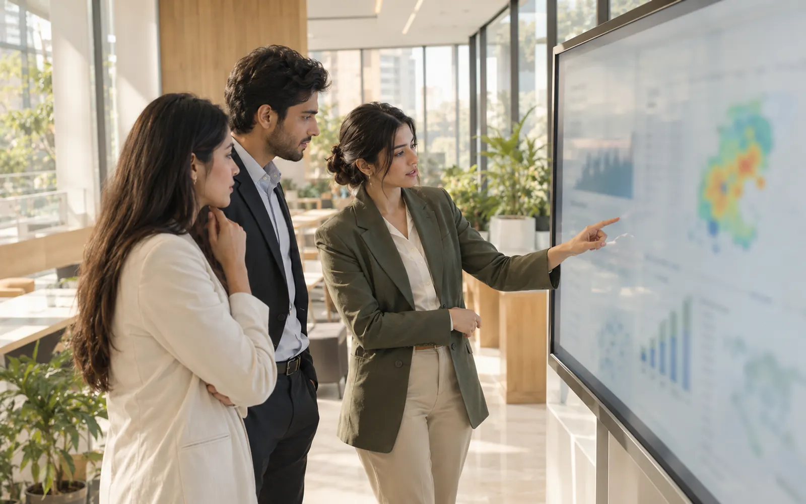 A research team reviewing heat-exposure data on a large screen